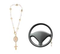 Lyreh Chapelet Voiture, Chapelet Retroviseur Doré avec Breloque Vierge Marie et Crucifix Décoration Intérieure de Voiture Cadeau Délicat pour Femmes et Hommes Catholiques