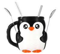 Lyreh Mignon Pingouin Porte-Pinte Crème Glacée, Étanche Contenant à Pinte Glace avec Cuillères Paille Acier Inoxydable & Brossette Manchon Réutilisable Canette Bière avec Poignée Support Esquimau