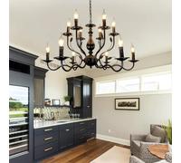 LYSDjia Lustre Noir E14 Salon plafonnier en métal 12 lumières Double Couche Fer Suspension Classique Moderne rétro Industriel éclairage de Plafond Restaurant Cuisine îlot Chambre Couloir éclairage (S