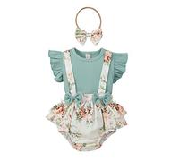 LYSINK Ensemble 2 pièces barboteuse à manches courtes en maille pour nouveau-né fille - Robe tutu en dentelle florale à volants avec bandeau, Bf Green, 3-6 mois