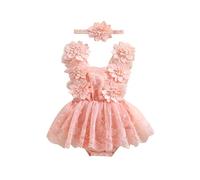 LYSINK Ensemble 2 pièces barboteuse à manches courtes en maille pour nouveau-né fille - Robe tutu en dentelle florale à volants avec bandeau, Bc Pink, 0-3 mois