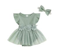 LYSINK Ensemble 2 pièces barboteuse à manches courtes en maille pour nouveau-né fille - Robe tutu en dentelle florale à volants avec bandeau, Bl Green, 9-12 mois