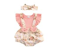 LYSINK Ensemble 2 pièces barboteuse à manches courtes en maille pour nouveau-né fille - Robe tutu en dentelle florale à volants avec bandeau, Be Pink, 0-3 mois