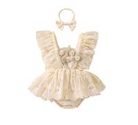 LYSINK Ensemble 2 pièces barboteuse à manches courtes en maille pour nouveau-né fille - Robe tutu en dentelle florale à volants avec bandeau, Kaki noir, 0-3 mois