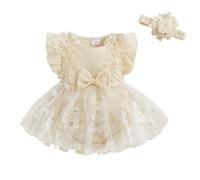 LYSINK Ensemble 2 pièces barboteuse à manches courtes en maille pour nouveau-né fille - Robe tutu en dentelle florale à volants avec bandeau, Bh Kaki, 0-3 mois