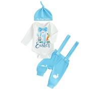 LYSINK Ensemble 3 pièces de vêtements de Pâques pour nouveau-né garçon avec barboteuse à manches longues + pantalon porte-jarretelles + chapeaux assortis, A - Blanc, 6-12 mois