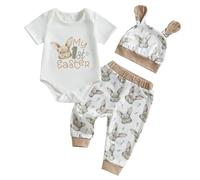 LYSINK Ensemble 3 pièces pour nouveau-né garçon fille My First Easter tenue manches courtes col rond barboteuse lapin oreilles chapeau pantalon décontracté, Ba Kaki, 12-18 mois
