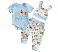 LYSINK Ensemble 3 pièces pour nouveau-né garçon fille My First Easter tenue manches courtes col rond barboteuse lapin oreilles chapeau pantalon décontracté, Ba Bleu ciel, 0-3 mois