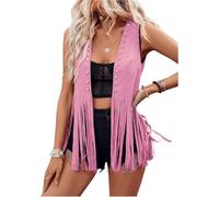 LYSINK Gilet à pompons style années 70, style hippie, cowgirl, occidental, en suédine, rivets sans manches, à franges, vêtements d'extérieur, Ba Rose Rouge, L