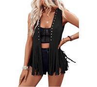 LYSINK Gilet à pompons style années 70, style hippie, cowgirl, occidental, en suédine, rivets sans manches, à franges, vêtements d'extérieur, Ba Noir, XXL