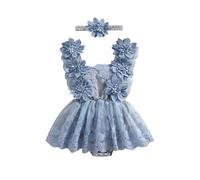 LYSINK Robe barboteuse à manches courtes en maille pour nouveau-né fille - Robe tutu en dentelle florale à volants - Robe bandeau 2 pièces, Bleu BC, 0-3 mois