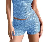 LYSINK Short à paillettes pour femme - Taille moyenne - Bande élastique - Jambe droite scintillante - Pour rave, fête, streetwear, Bleu BC, S