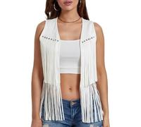 LYSINK Veste à franges en daim synthétique pour femme avec ouverture sur le devant, sans manches, avec pompon, style hippie, vintage, de cow-girl, pour l'été, A-A-blanc., XL