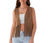 LYSINK Veste à franges en daim synthétique pour femmes avec ouverture sur le devant, sans manches, avec pompon, style hippie, vintage, de type cow-girl pour l'été, L
