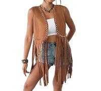 LYSINK Veste à franges en daim synthétique pour femmes avec ouverture sur le devant, sans manches, avec pompon, style hippie, vintage, de cowgirl, pour l'été, L