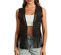 LYSINK Veste à franges en faux daim pour femmes avec ouverture sur le devant, sans manches, avec pompon, style hippie, vintage, pour l'été, style cow-girl, b-noir, L