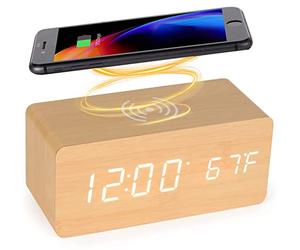 LySuyeo Réveil numérique en Bois avec Chargeur a Induction, Chargeur Rapide 5 W pour iPhone/Samsung Galaxy, Commande vocale réveil sans tic tac, pour Chambre à Coucher, Maison et Bureau (Bambou)