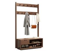 LYUCAYHQ Vestiaire D'entrée Étagère à Chaussures en Bois Massif avec Crochets, Porte Manteau Sur Pied Multifonctionnel, Meuble D'entrée 3 En 1 pour Manteaux, Sacs et Chaussures(Brown,80cm/32in)