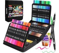 Lyuvie 100 Couleurs Feutres Coloriage Adulte, Aquarelle Stylos Feutres Double Pointe Fine,Feutre Pinceau Marqueur pour Artiste Doodling Mandala Dessin Calligraphie
