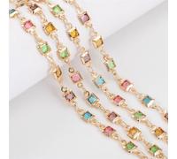 LYVQZPWLR Chaîne de bijoux de perles de cristal coloré, Chaîne en cuivre DIY 1 mètre 4 mm carré cristal strass perle de verre multicolore(Gold Color)