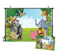 LYWYGG 7x5FT Bande Dessinée Safari Animaux de Toile de Fond Joyeux Anniversaire Photographie Fond Faune Jungle Faune Zoo Soirée à Thème Décoration de Fond Zoo Photo Studio Accessoires CP-4