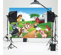 LYWYGG 7x5FT Dessin Animé Ferme Photographie Backdrops Grange Rouge Basse-Cour à la Ferme Décor Contexte Campagne Fond Mignon Animaux de la Ferme Bébé Photographie Toile de Fond CP-164