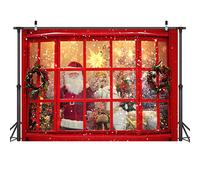 LYWYGG 7x5FT Fond de Noël Père Noël Photographie Fond Hiver Rouge Fenêtre Décoration de la Maison Flocon de Neige Fond Cadeau Joyeux Noël Fond Photographie Studio Accessoires CP-300