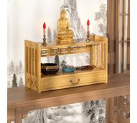 LYXWGRZD Autel Bouddhiste à Deux Niveaux, Table de Puja en Bambou avec Tiroir, Petites Tables de Méditation, Convient aux Statues de Bouddha et aux Rituels(Natural,42cm/16.5'')