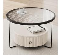 LYXXJRYBHD Table Salon Ronde avec Tiroirs De Rangement, Table Basse 2 Niveaux en Verre avec Étagères Ouvertes, Petite Tables D'appoint pour Salon Ou Chambre(Black,23.6in/60cm)