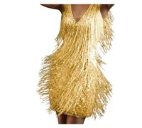 LYXYGMV Robe d'été Sexy à franges, paillettes et plumes, Slim, col en v, épaules dénudées, dos nu, Slip, Mini Pour Les Fêtes(Golden,S)