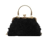 LYXYGMV Sac de soirée en mousseline soie portable avec chaîne 3D et fermoir à baiser, grande capacité, bandoulière fleurs Pour une Soirée de Gala(Black)