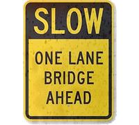 LYYUCKE Panneau en étain de 30,5 x 20,3 cm « New Road Slow - One Lane Bridge Ahead », plaque murale rétro vintage en aluminium de qualité ingénieur
