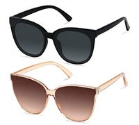 LYZOIT Lot de 2 paires de lunettes de soleil surdimensionnées œil de chat pour femme, (Lot de 2) noir + champagne
