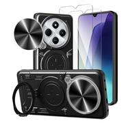 LYZXMY Coque pour Xiaomi Redmi 14C/Xiaomi Poco C75+2 Verre Trempé Protection écran,avec Support métallique pour Anneau et Cache-Appareil Photo Coulissant Housse-Noir