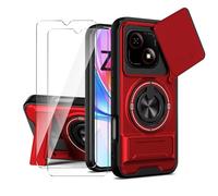 LYZXMY Coque pour ZTE Blade A35E 4G+2 x Film de Protection+Double béquille de Support(Support à Anneau Rotatif à 360°, Support Étendable) et Capot Glissant pour Couverture de Caméra-Rouge
