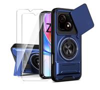 LYZXMY Coque pour ZTE Blade A35E 4G+2 x Film de Protection+Double béquille de Support(Support à Anneau Rotatif à 360°, Support Étendable) et Capot Glissant pour Couverture de Caméra-Bleu