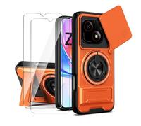 LYZXMY Coque pour ZTE Blade A35E 4G+2 x Film de Protection+Double béquille de Support(Support à Anneau Rotatif à 360°, Support Étendable) et Capot Glissant pour Couverture de Caméra-Orange