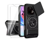 LYZXMY Coque pour ZTE Blade A35E 4G+2 x Film de Protection+Double béquille de Support(Support à Anneau Rotatif à 360°, Support Étendable) et Capot Glissant pour Couverture de Caméra-Noir