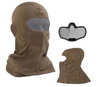 LZAQHMT Cagoule Tactique 2 en 1 Demi-Masque avec Cagoule Et Grille en Acier Amovible Capuche Respirante en Maille pour L'airsoft, Le Paintball, La Chasse Et Les Sports De Plein Air(Coyote Brown)