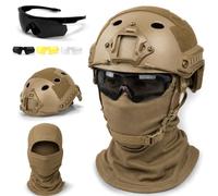 LZAQHMT Ensemble 3 en 1 Casque Tactique avec Lunettes À 3 Verres, Cagoule, Tour De Tête Ajustable De 52 À 64 Cm pour Airsoft Et Paintball(Brown)