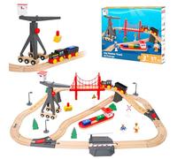 LZDMY Train Electrique Enfant 3 4 5 6 7 8 Ans, 57Pièces Flexible Electrique en Bois Train, Circuit Voiture Enfant Compatible avec Brio, Jouet Cadeau d’Anniversaire Noël Pâques pour Garçon et Fille