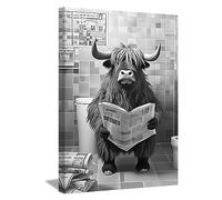 LZIMU Décoration murale amusante pour salle de bain, vache des Highlands, assise sur toilettes, impressions sur toile d'animaux noirs et blancs encadrés (salle de bain-1, 30.5x45.7 cm)
