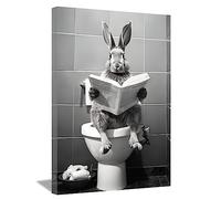LZIMU Impression sur toile pour salle de bain Lapin assis sur les toilettes en train de lire un journal en noir et blanc, décoration d'intérieur encadrée (salle de bain - 5, 40,6 x 61 cm)