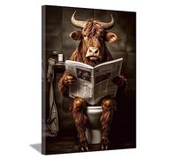 LZIMU Impression sur toile représentant une vache de salle de bain avec bétail brun assis sur des toilettes et lisant un journal, animaux amusants, décoration d'intérieur encadrée (salle de bain-4,