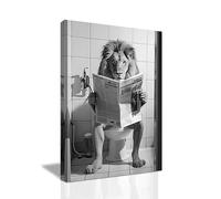 LZIMU Toile murale amusante pour salle de bain, lion assis sur des toilettes, lisant un journal, animaux noirs et blancs, affiches encadrées (salle de bain-3, 40 x 60 cm)