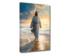 LZIMU Toile murale Jésus marchant sur la plage - Affiche catholique pour chambre à coucher, décoration d'intérieur encadrée (Jésus-3, 30,5 x 45,7 cm)