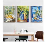 LZJAGXX Affiche de paysage côtier avec citronnier méditerranéen, fruits, nature morte, toile, art mural, décoration de cuisine, 20 x 30 cm, 3 cadres