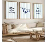 LZJAGXX Affiche sur toile à rayures bleues La Dolce Vita Sardines Bikini Art mural moderne de style côtier pour salon, chambre à coucher, décoration intérieure (20x30cmx3/sans cadre)