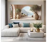 LZJAGXX Affiche sur toile imprimée représentant une terrasse avec arche méditerranéenne et vue sur la mer, des oliviers et une montagne côtière (40 x 80 cm, sans cadre)