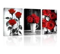 LZJAGXX Élégante toile murale rose, peinture de roses rouges, impressions en noir et blanc, image florale romantique et rustique, décoration pour chambre de couple (60 x 80 cm x 3 / sans cadre)